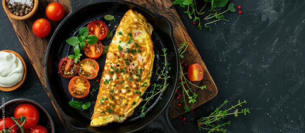 Poster top down shot of a breakfast dish comprising salmon omelet in cast iron with sour cream sauce comple