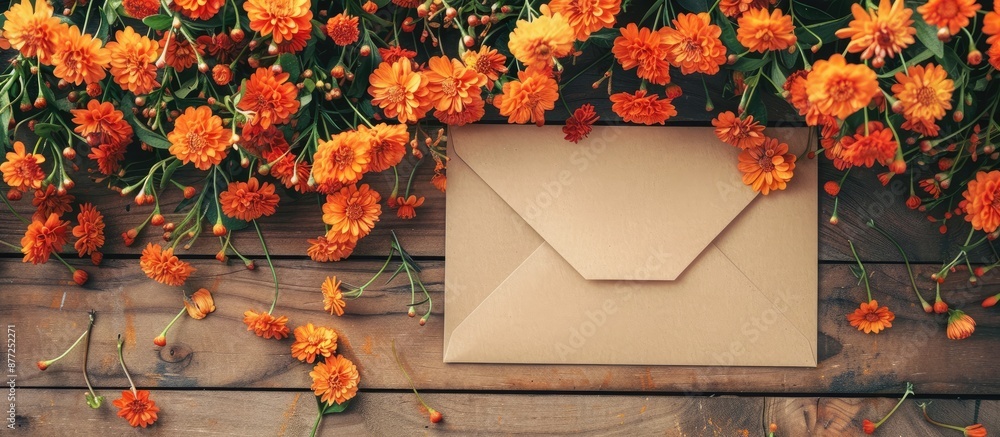 Leinwandbilder kraft paper envelope adorned with lovely orange flowers and a blank space for a message. with copy s