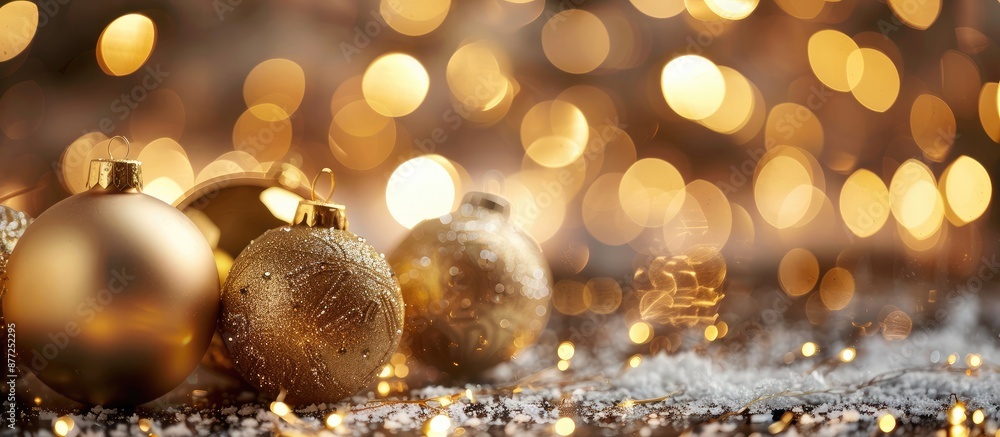 Poster shining golden christmas ornaments in a festive setting with copy space image