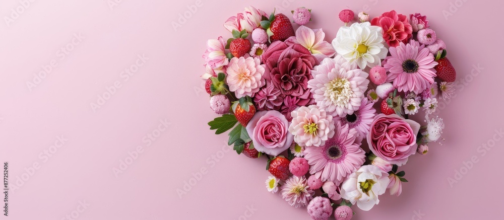 Aufkleber Top view of a heart shaped arrangement featuring pink and white flowers along with a strawberry set against a pastel pink backdrop creating a festive concept with copy space image