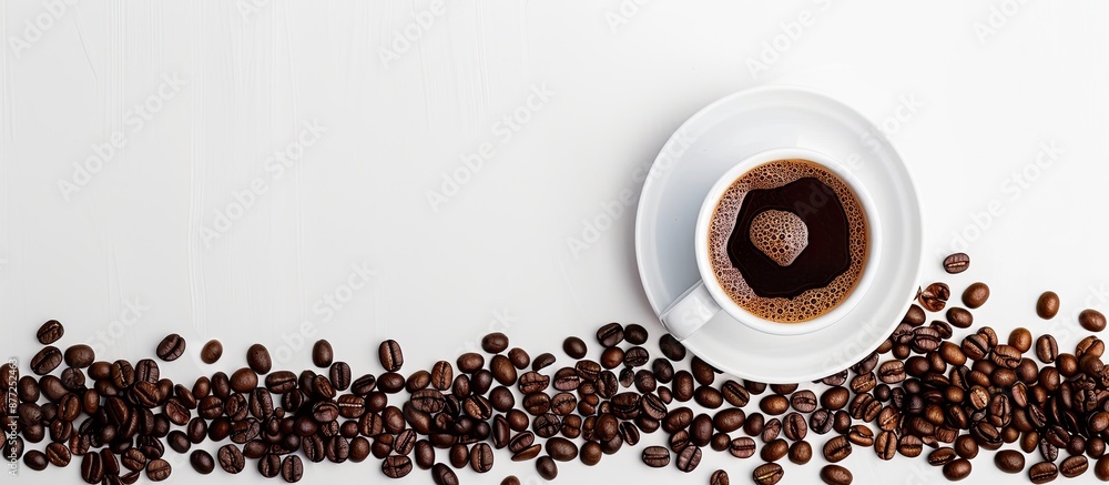 Poster coffee beans a white cup with a saucer set against a white background are essential elements for des