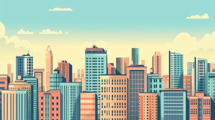 Fototapeta premium Cityscape from Above - Vibrant Pastel Urban Skyline in Modern Cartoon Flat Design