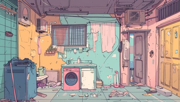 squalid living conditions flat design side view inner-city theme animation colored pastel