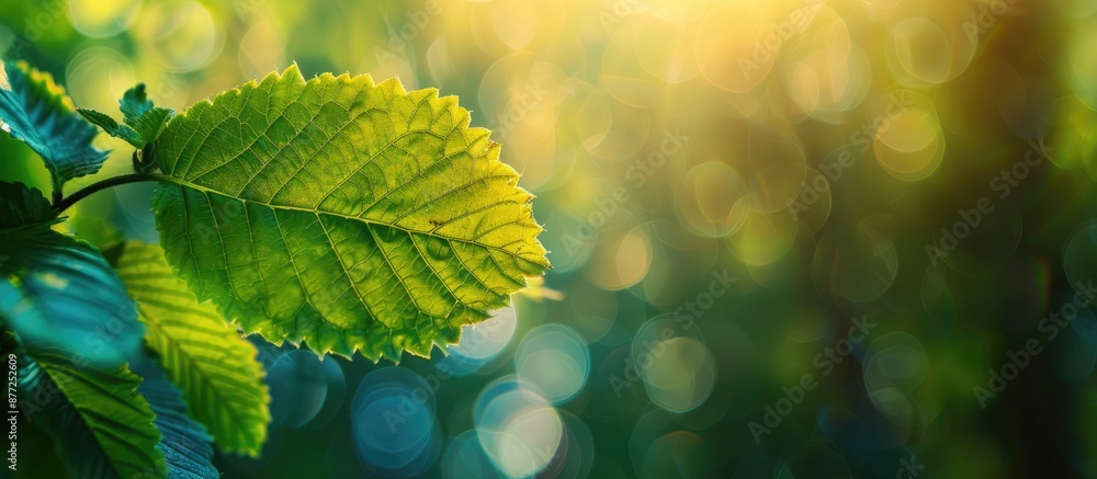 Aufkleber captivating natural imagery of a vibrant green leaf set against a softly blurred backdrop of foliage