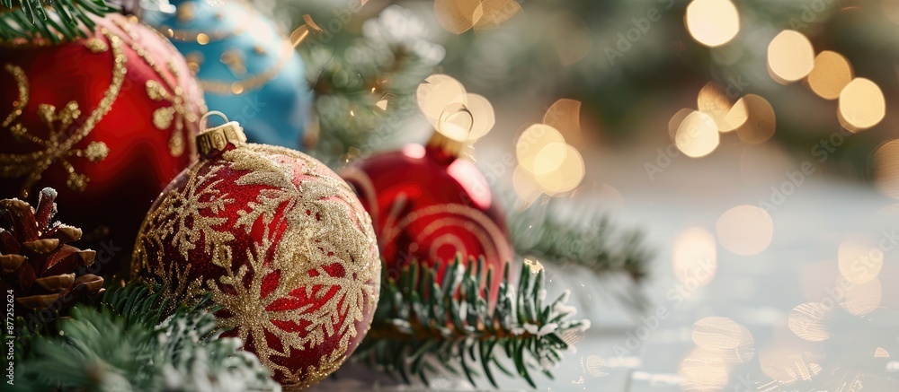 Poster close up of christmas ornaments on a white table with copy space image