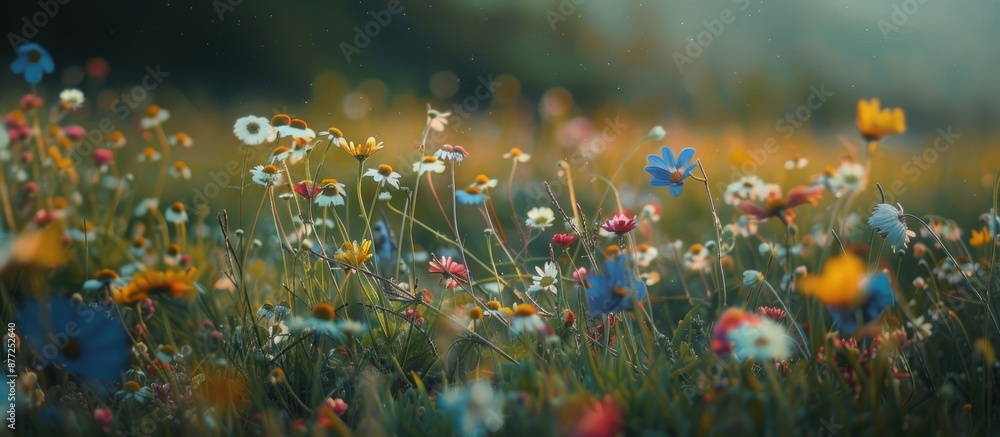 Poster Meadow featuring a variety of colorful wildflowers including cuckoo flowers and daisies with space for text or other elements in the image. with copy space image. Place for adding text or design