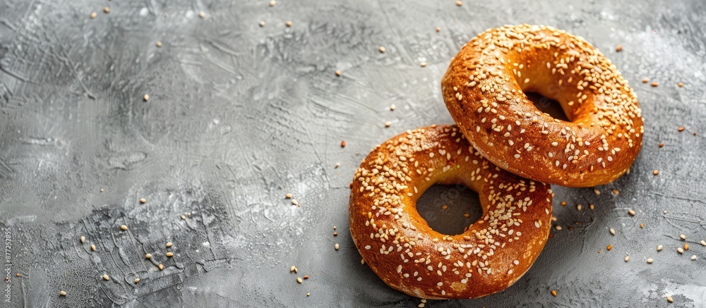 Poster top view of a traditional turkish bagel simit with sesame on a gray background providing ample copy 