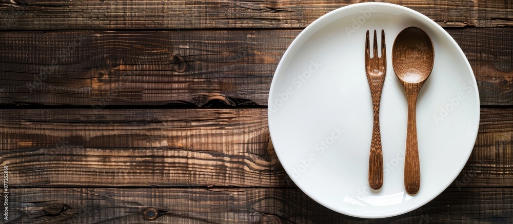 Poster top down view of a white plate with a spoon and fork placed on a wooden table to convey a food conce