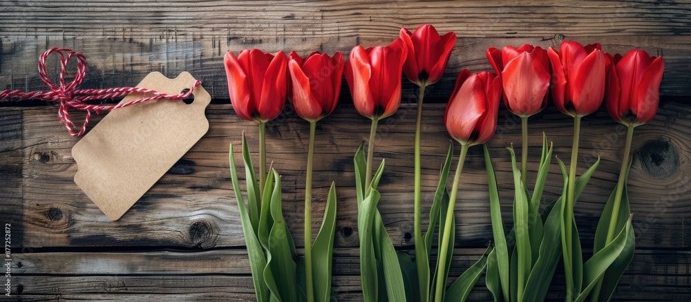 Poster Red tulips for Valentine s day on wooden backdrop with empty tag for copy space image