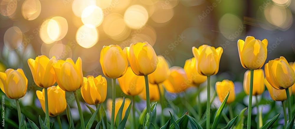 Poster close up of yellow tulips in the garden creating a beautiful copy space image