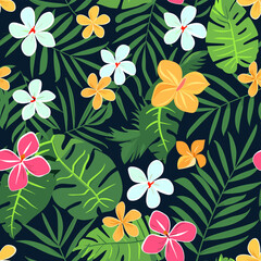 Seamless shirt pattern with tropical flowers and palm leaves hibiscus monsterra vector design