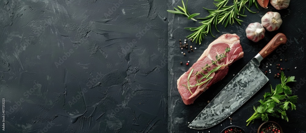 Fototapete A fresh cut of pork from the neck with herbs and a butcher knife on a black stone table background perfect for text in the image. with copy space image. Place for adding text or design