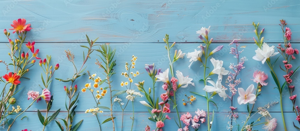 Poster Simple flatlay background with artificial spring flowers on a light blue wooden table providing copy space for a spring holidays greeting card image