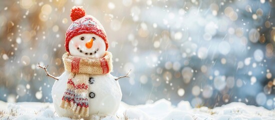 Greeting card showing a jolly snowman with a unique hat and scarf on a snowy backdrop Copy space image included