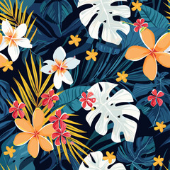 Seamless shirt pattern with tropical flowers and palm leaves hibiscus monsterra vector design