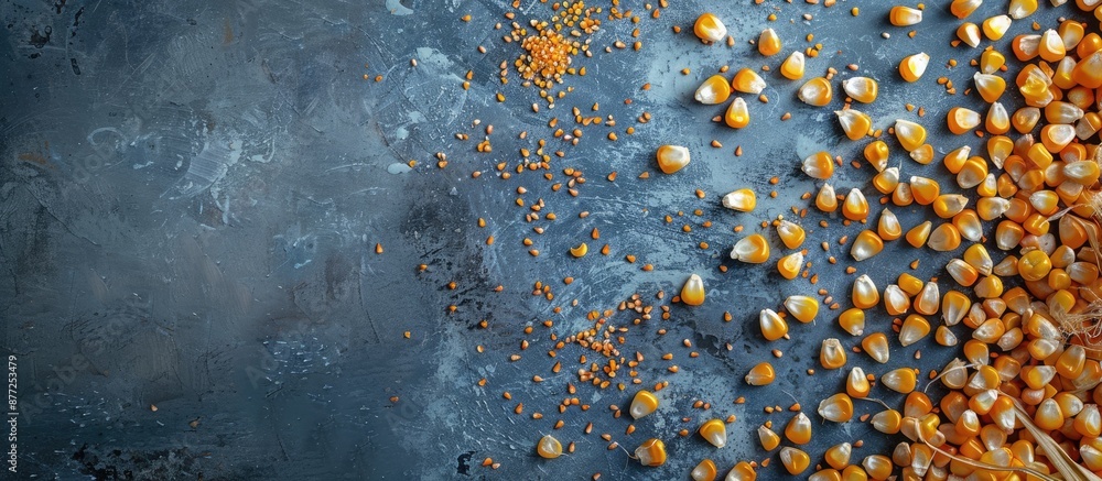Poster image of corn kernels arranged flatly on a grey background with room for text. with copy space image