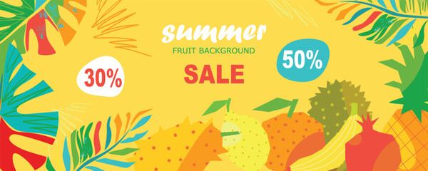Obraz premium Summer horizontal banner. Sale background with tropical abstract fruits and leaves. Template on a yellow background. Vector illustration.