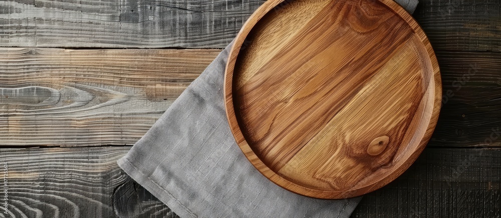 Leinwandbilder overhead view of an empty wooden plate on a gray napkin placed on a wooden table with copy space ima