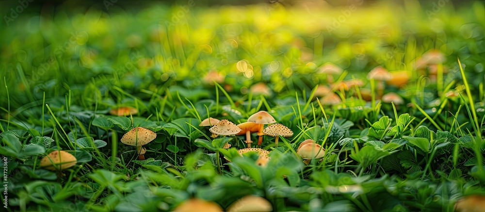 Aufkleber tiny mushrooms growing in lush green grass at the park with copy space image