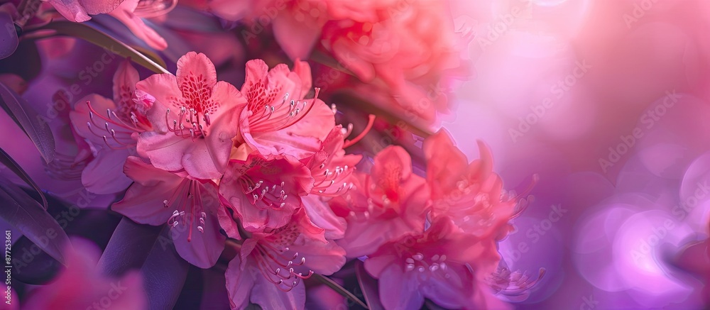 Poster Close up of pink rhododendron flowers set against a purple backdrop in a park creating a vibrant spring scene with a natural pattern in the garden Ample copy space available in the image