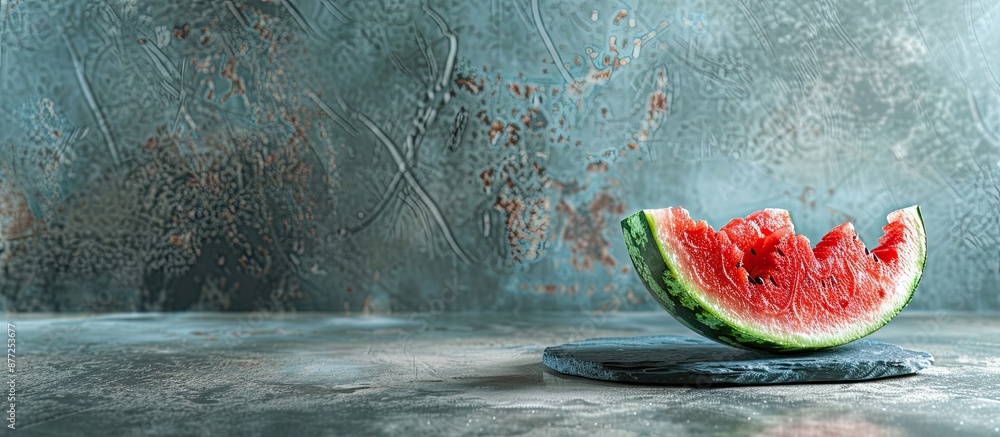 Poster Watermelon smoothie in a halved watermelon shell displayed on a stone table with copy space image