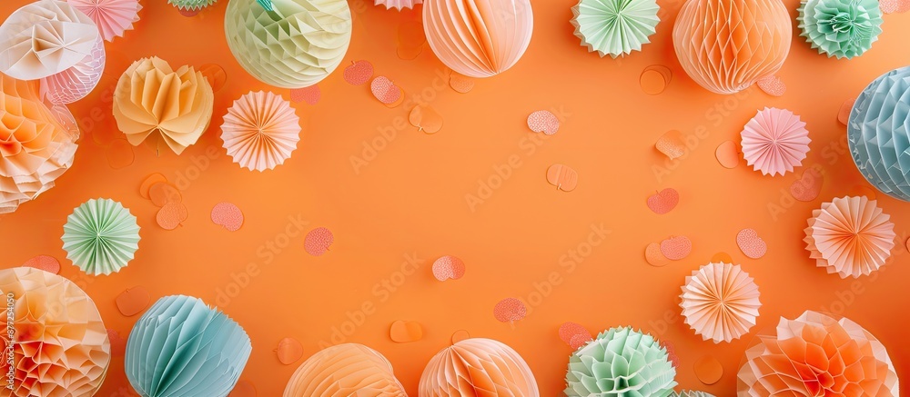 Poster minimal creative concept with pastel colored halloween paper decorations on an orange background in 
