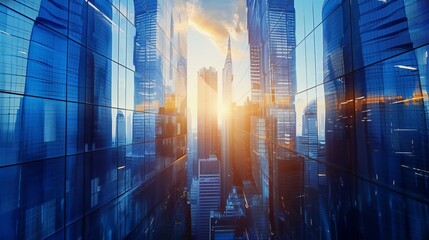 Obraz premium Modern Skyscrapers in Futuristic Financial District with Reflections and Sun Rays