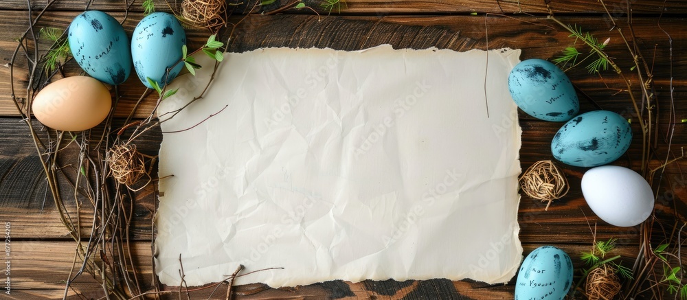 Aufkleber wooden background with easter decoration and blank note paper suitable for a copy space image