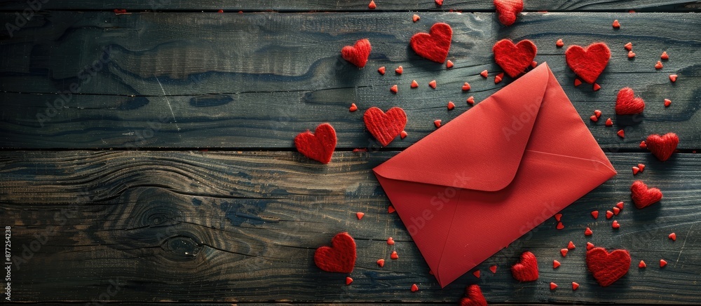 Poster Romantic Valentine s Day mockup with red envelope on wooden backdrop adorned with small hearts Blank paper card offers copy space image for your message in the holiday setting