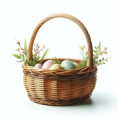 A basket with eggs and flowers on it.