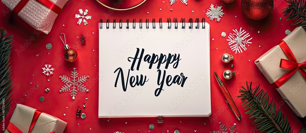 Poster Festive white notebook with Happy New Year on a red frame like background ideal for a copy space image