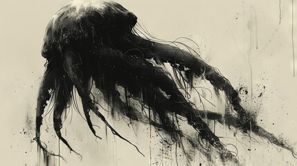   A B&W illustration of a jellyfish with extended tentacles & dotted water patches on its surface