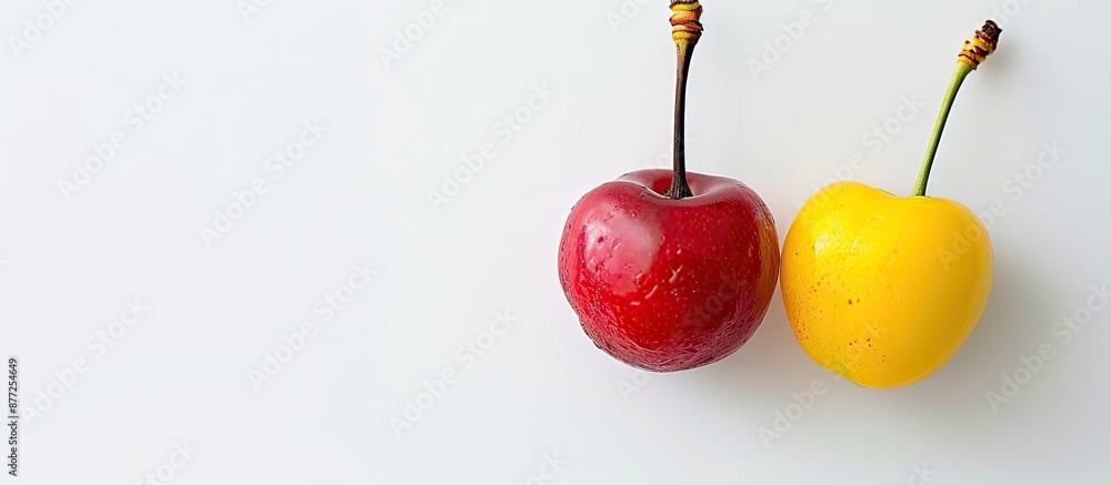 Aufkleber A colorful sweet cherry in yellow and red set against a white backdrop captured from above with space for text beside it. with copy space image. Place for adding text or design