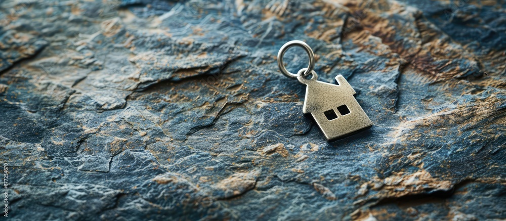 Poster House shaped pendant on a natural rock surface background with a copy space image for text representing concepts of real estate buying moving and renting property
