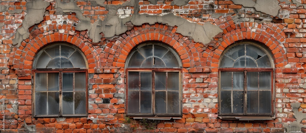 Poster Old house wall with arched windows made of red bricks showing texture in a copy space image