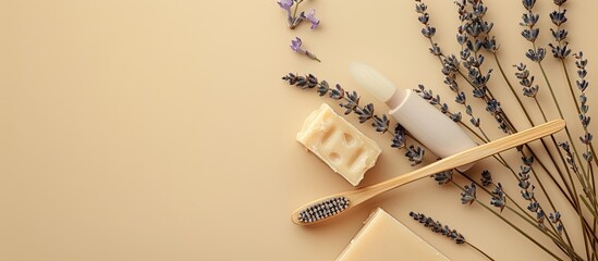 Advertisement mock up template featuring a bamboo toothbrush lavender soap and organic dry lavender flower on a beige backdrop with a copy space image for text perfect for a skincare homemade natural