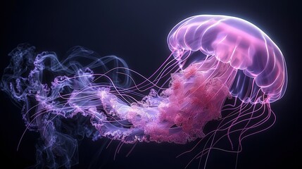 Naklejka premium Close-up of a jellyfish against a dark backdrop, with blue and pink smoke emanating from its base