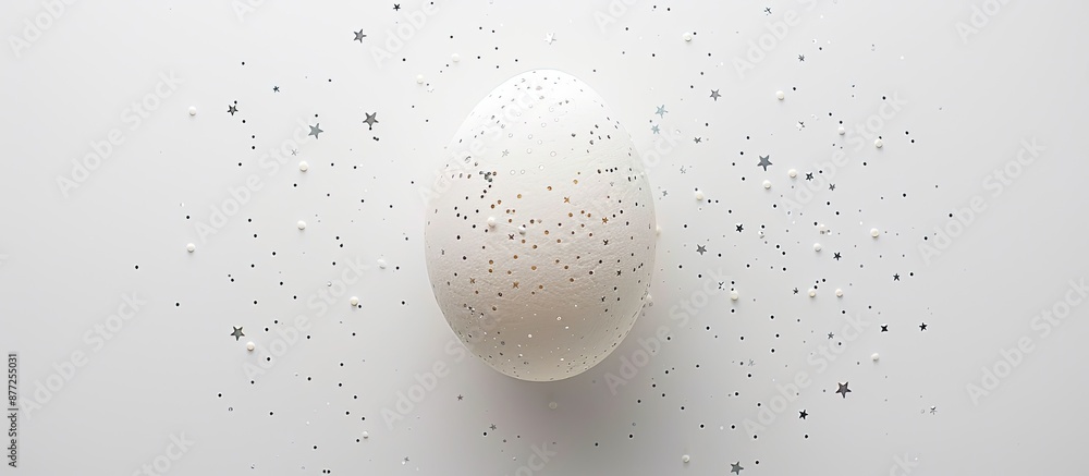 Poster White Easter egg adorned with glittering stars set against a white backdrop creating a minimalistic Easter theme for a greeting card featuring ample copy space Top down view in flat lay style