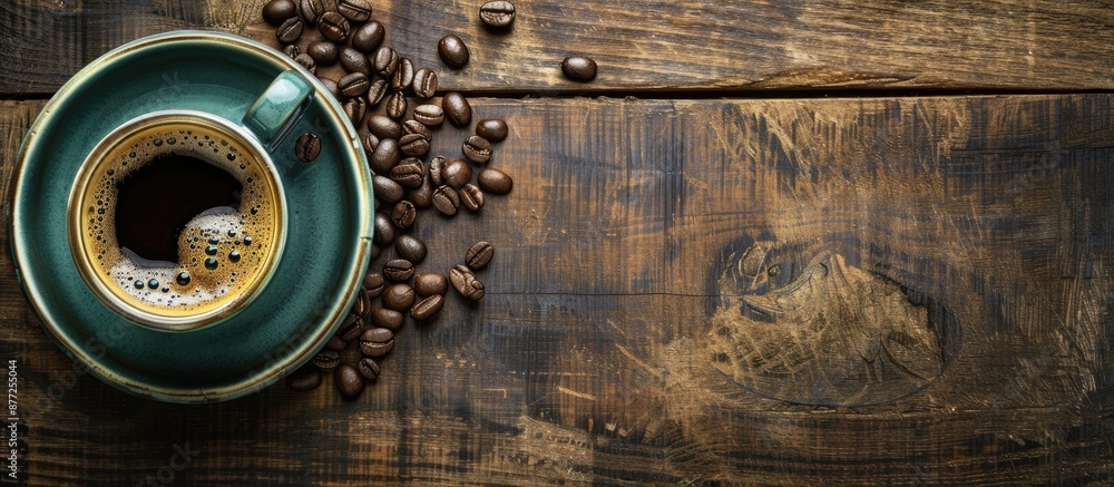 Poster a top view of a cup of coffee and coffee beans displayed on an antique kitchen table providing a cop