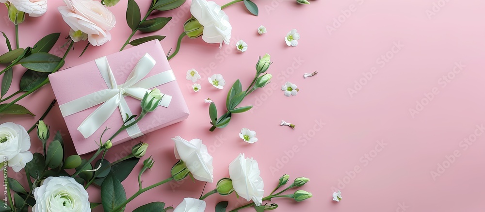 Aufkleber top view of white eustoma flowers and a pink gift box on a background for a holidays greeting card c