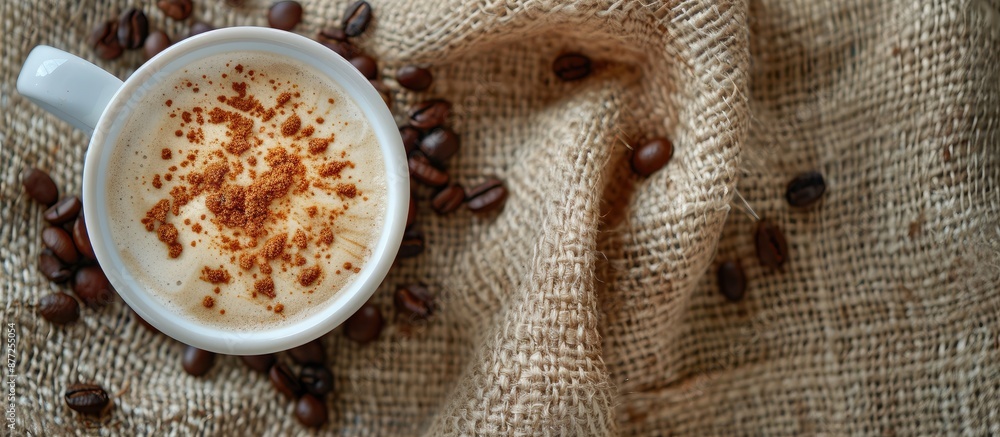 Poster Top view of a cup of coffee decorated with beans and cinnamon on a canvas background with copy space image