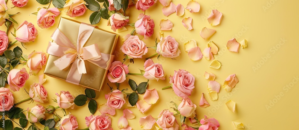 Aufkleber a stunning display of pink roses and a gold gift box with a bow set on a gentle yellow paper backgro