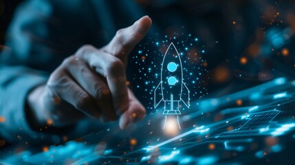 Ascent to Success: Businessman's Hand Launching a Rocket Symbolizing Business Growth