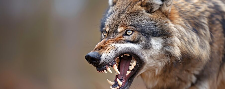 Snarling wolf with detailed view of its sharp teeth, capturing raw power and ferocity, [wolf teeth], [wild nature, primal fear]