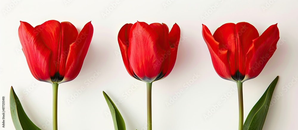 Fototapete Three vibrant red tulips set against a white backdrop with space for text centered on the middle tulip. with copy space image. Place for adding text or design