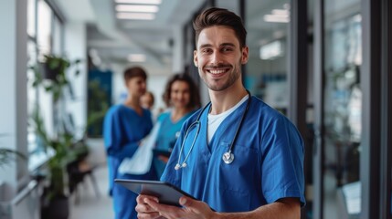Cheerful handsome surgeon doctor man in blue uniform digital tablet standing in hospital, promoting modern technology in medical job.