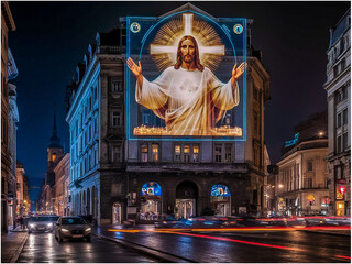 Obraz premium a night scene in a bustling city. An old building features a large, holographic billboard of Jesus Christ, emitting a radiant and ethereal glow. a modern concept for a Christian mass and concert.