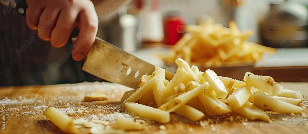 Poster peeled potato being cut with a knife on a table with french fries in the background creating a pictu