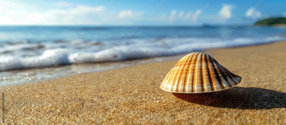 Poster solitary clam shell on the sandy beach by the seashore with a vast copy space image