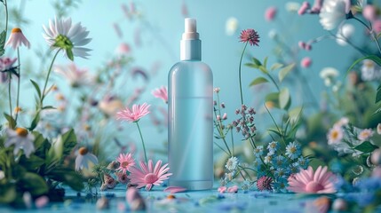 A bottle of natural cosmetics is placed on a table